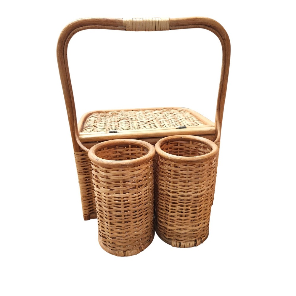 Vintage Large 2 Wine Bottle  Holder Rattan Bamboo Hinge Wicker Picnic Basket - Picture 13 of 15